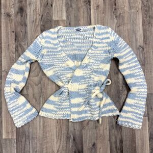 Vintage Old Navy Marled Knit Wool Blend Wrap Bow Tie Sweater Top Pastel Blue M